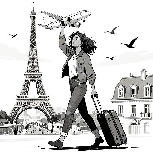 Black-and-white manga-style illustration of a confident woman with wavy hair, wearing a jacket, jeans, and boots, walking with a suitcase, looking