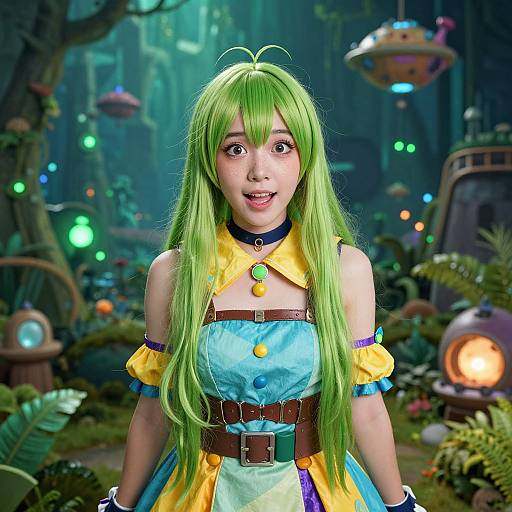 Digital artwork of a green-haired anime girl in a colorful fantasy dress, set in a vibrant, futuristic forest with glowing lights.