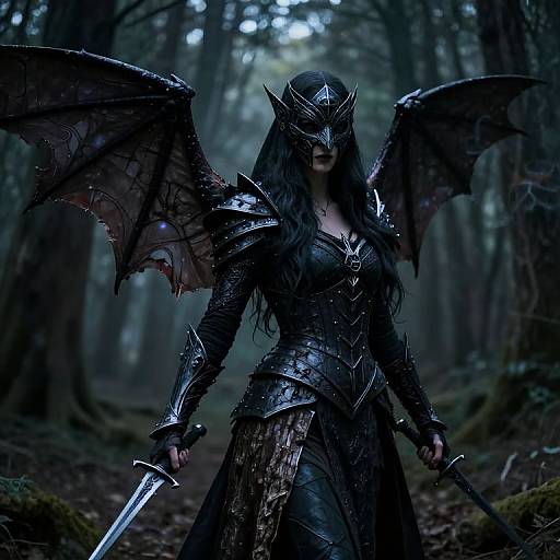Digital artwork of a dark, armored, female demon warrior with bat wings, long black hair, helmet, and sword, standing in a misty forest