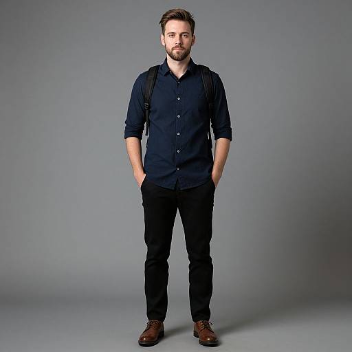 Photograph of a bearded man in a navy blue button-up shirt, black pants, brown shoes, and backpack, standing against a gray background.