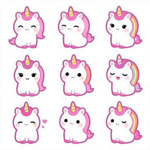 Cute digital drawing of nine chibi-style white unicorns with pink manes and yellow horns, each displaying different expressions.