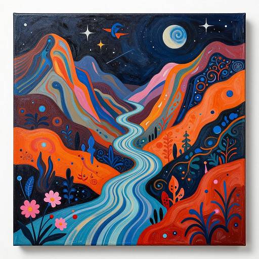 Vibrant, psychedelic mountain landscape painting with swirling blue river, orange and red mountains, starry night sky, full moon, and colorful flowers.