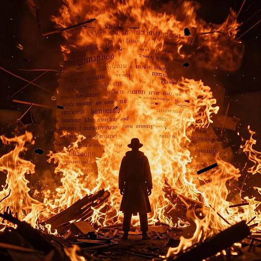 Photograph of a silhouetted figure in a long coat and hat standing before a roaring, fiery blaze with burning wood and text engulfed in