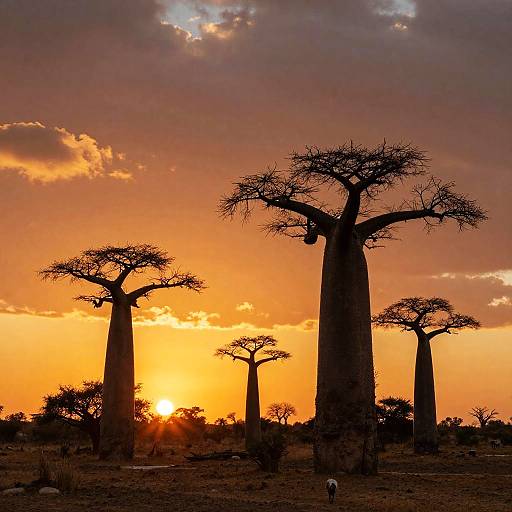 Photograph of a stunning sunset over a savanna, featuring tall, silhouetted baobab trees with sparse branches against a vibrant orange and
