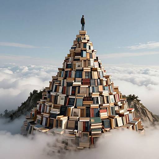 Digital art of a pyramid made of stacked, colorful books with a solitary figure standing atop, surrounded by clouds and trees.
