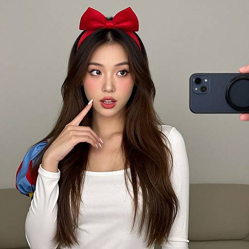 Digital artwork of an Asian woman with long dark hair, red bow, white long-sleeve shirt, taking a selfie, finger on lips, holding