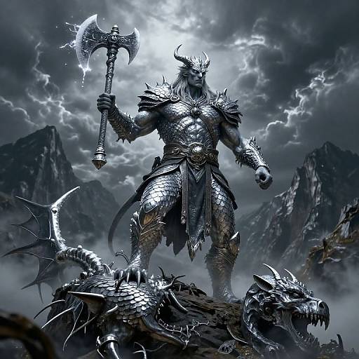 Digital fantasy artwork of a menacing, armored dragon-headed warrior with a glowing axe, standing on a rocky, skull-covered mountain under a stormy, cloud