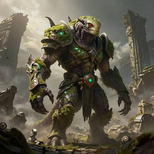 Digital artwork of a muscular, green-scaled, armored monster with glowing red and green eyes, standing in a ruined, foggy, sunlit city
