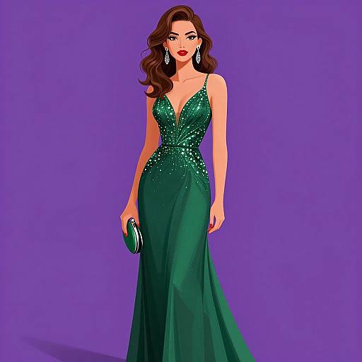 Digital illustration of a beautiful woman with wavy brown hair, wearing a sparkling green V-neck gown, holding a clutch, against a purple background. She