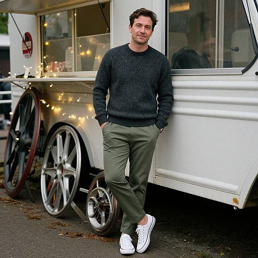 Photograph of a casually dressed man in a dark sweater, olive pants, and white sneakers, leaning against a white food truck with fairy lights.