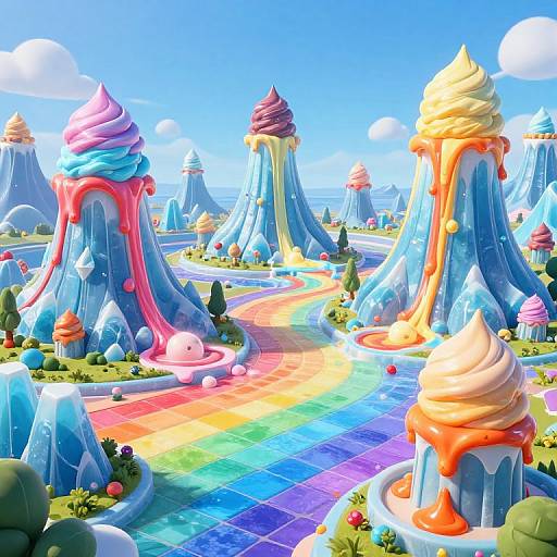 Vibrant CGI landscape featuring colorful, candy-like rock formations with swirling ice cream tops, rainbow pathway, and whimsical cloud-filled sky.