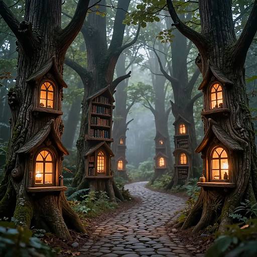 Photorealistic fantasy forest scene with glowing, wooden fairy houses nestled in towering, twisted trees along a cobblestone path. Warm, orange lights illuminate