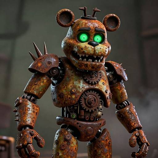 Photorealistic CGI of a rusted, mechanical bear animatronic with glowing green eyes, spiked shoulders, and worn, metallic fur in a dim