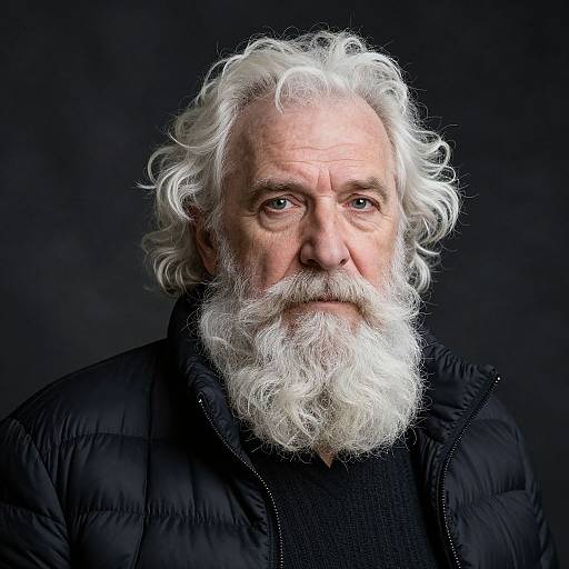 Photograph of an elderly white man with curly white hair and beard, wearing a black puffer jacket, against a dark background.