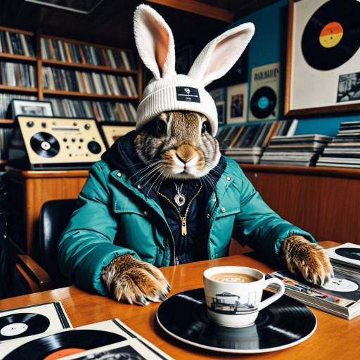 Stylish Rabbit with Espresso and Vinyl Records