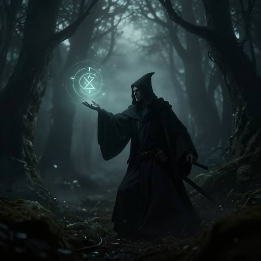 Mysterious dark-robed figure in a foggy forest, glowing blue magic circle in hand, surrounded by tall, shadowy trees. Digital art.