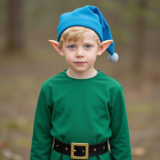 Photograph of a young blond boy with fair skin, blue eyes, elf ears, and a blue pointy hat, wearing a green tunic and