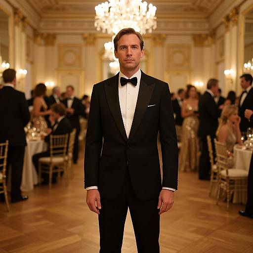 Photograph of a handsome, serious-looking man in a black tuxedo with a bow tie, standing in an elegant, warmly lit ballroom with