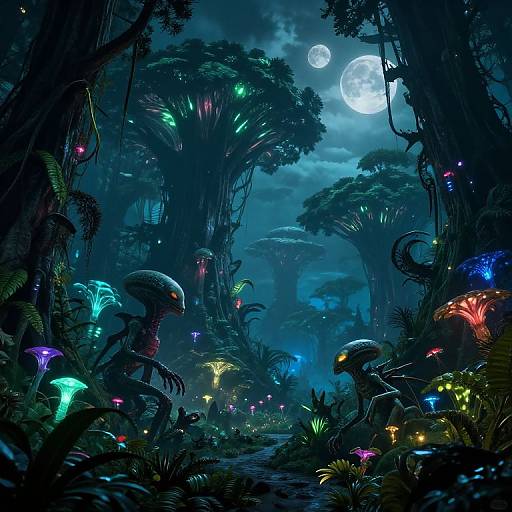 Digital fantasy artwork of a dark, luminescent forest at night, featuring alien-like creatures with glowing mushrooms, bioluminescent plants, and a