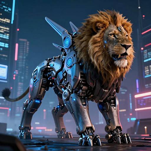 CGI image of a cybernetic lion with a metallic body and glowing blue joints, standing in a futuristic cityscape with neon lights and skyscrap