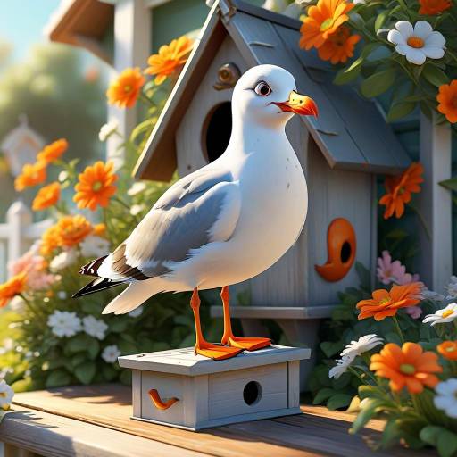 Charming Animated Seagull on Birdhouse