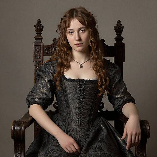 Photograph of a young white woman with wavy brown hair, wearing a black, lace, Renaissance-style dress, seated on an ornate, dark