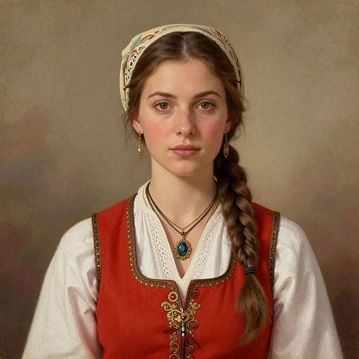 Digital painting of a young woman with fair skin, brown eyes, and brown braid, wearing a red dress, white blouse, and floral headscar