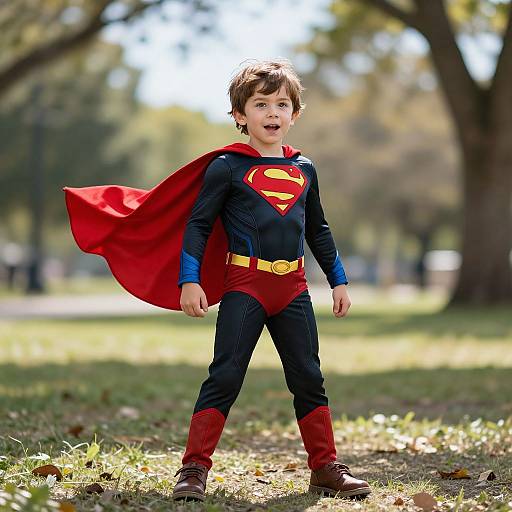 Photograph of a young boy in a Superman costume, red cape blowing, standing in a sunlit park with blurred trees.