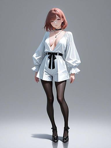 Stylish woman in chic black romper and sheer tights