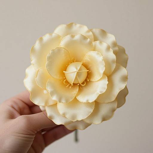 Photograph of a hand holding a glowing, cream-colored, paper flower with illuminated petals against a plain white background.