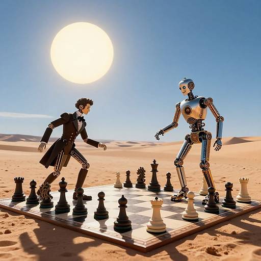 Surreal Chess Duel in Robotic Desert