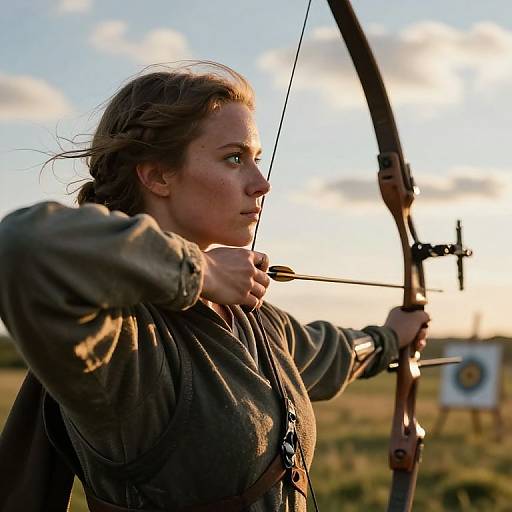 Photograph of a focused, light-skinned woman with brown hair, wearing a green shirt, drawing a wooden bow in a sunlit field.