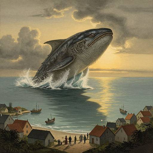 Digital painting: Giant shark emerging from ocean, splashing waves, sunset sky, small coastal village with houses and boats in foreground.