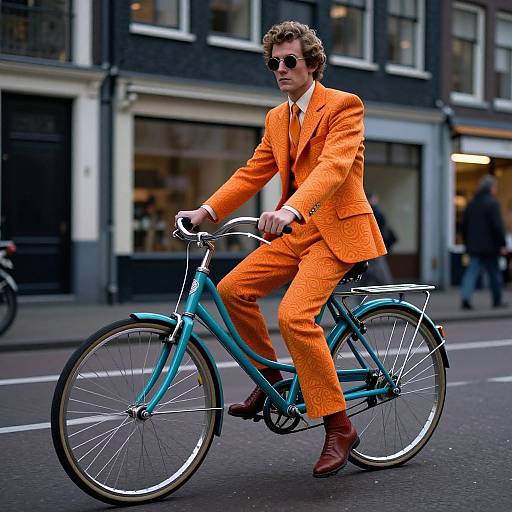 Photograph of a man with curly brown hair, wearing an orange patterned suit, brown shoes, and sunglasses, riding a turquoise bicycle on a city