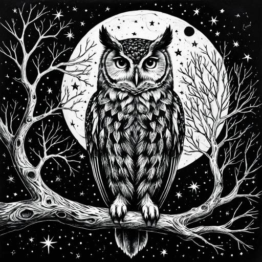 Intricate Black and White Owl Sketch with Night Sky Intricate Black and White Owl Sketch with Night Sky