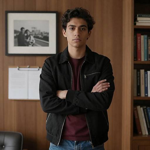 Serious Young Man in Wood-paneled Room