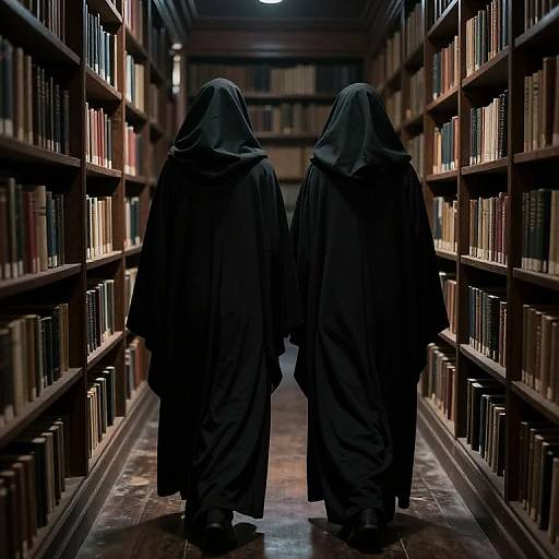 Photograph of two hooded figures in black robes walking down a dimly lit, narrow library aisle with bookshelves on both sides.