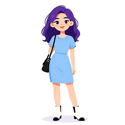 Digital illustration of a cute anime-style girl with purple hair, wearing a light blue dress, white socks, black shoes, and a black shoulder bag,