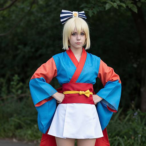 Photograph of a blonde woman in an anime-style blue and red kimono with white skirt, black and white hair bow, standing confidently in a forest