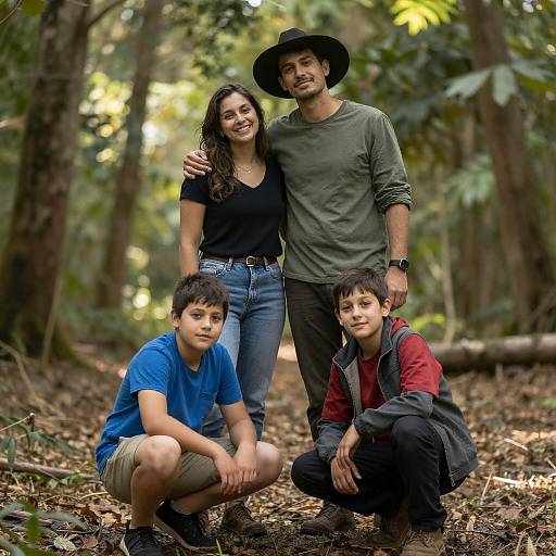 Family Joy in Sunlit Forest Scene