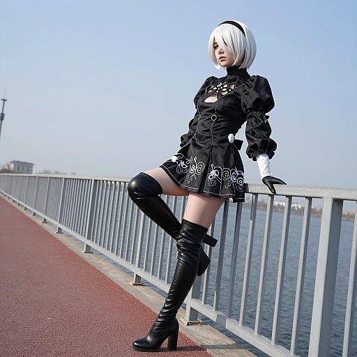 Striking Cosplay on a Metal Bridge
