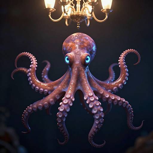 Photorealistic CGI of a glowing purple octopus with blue eyes, illuminated by a vintage chandelier against a dark, moody background.