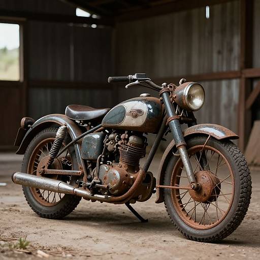 Photograph of a weathered, vintage motorcycle with rusted metal and worn black leather seat, parked in a dim, rustic wooden barn.