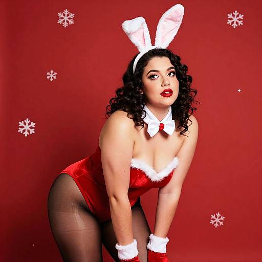 Photograph of a curvy woman with curly black hair, red lips, and white bunny ears, wearing a red velvet bunny suit, black stockings,