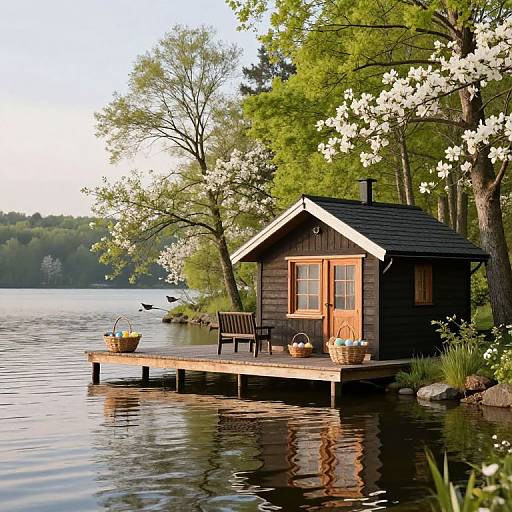 Photograph of a small, dark wooden cottage with a porch overhanging a calm lake, surrounded by blooming trees and flowers.