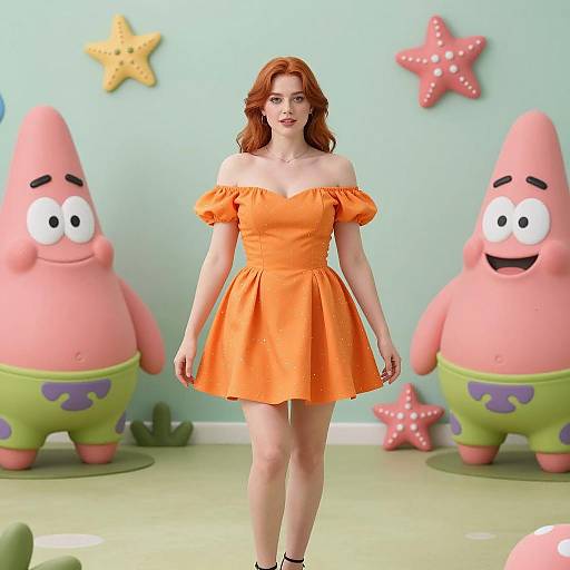 Woman in Orange Dress with Patrick Star Figures