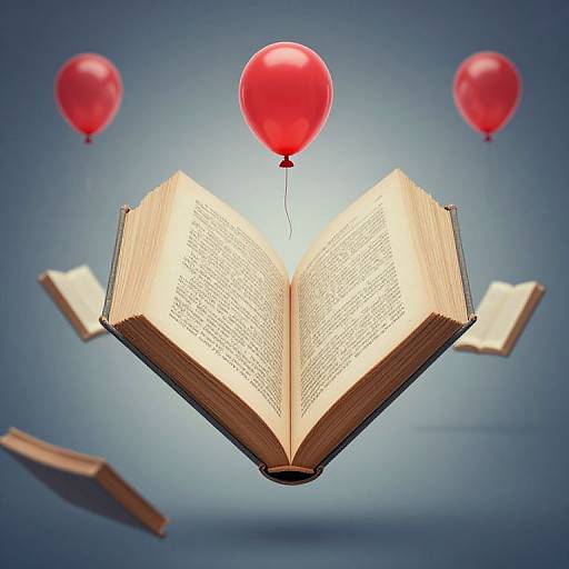 Photograph of an open book floating against a blue background, with three red balloons tethered to its pages.