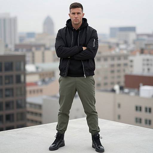 Photograph of a muscular, short-haired man with light skin, standing confidently on a rooftop, wearing a black jacket, green pants, and black boots