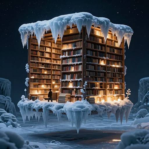 Digital artwork of a snow-covered, illuminated library building surrounded by icicles at night, with a person standing on the front steps.