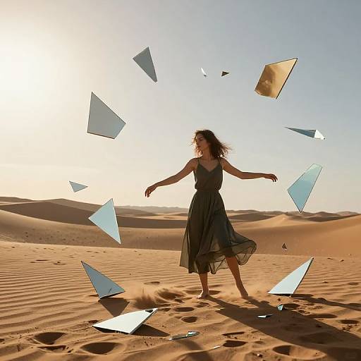 Photograph of a woman in a black dress, standing in a sunlit desert, with translucent, floating geometric shapes surrounding her.